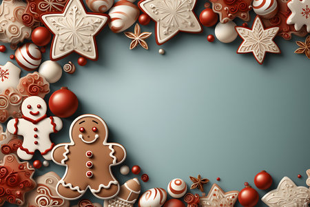 Christmas background with gingerbread cookies and snowflakes. Vector illustration.の素材