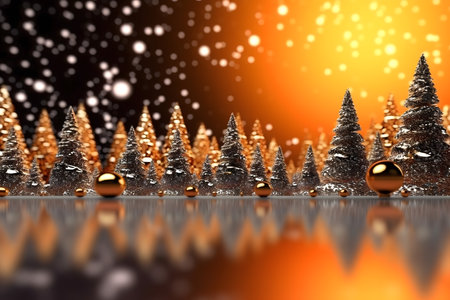 3d illustration of golden christmas tree with snowflakes on black backgroundの素材