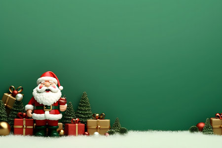 Christmas decoration with santa claus and gift boxes on green backgroundの素材