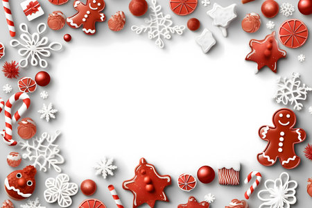 Christmas background with gingerbread cookies and snowflakes. Top view with space for your textの素材