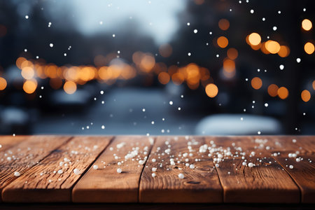 Wooden table with snow and bokeh background. Christmas and New Year conceptの素材