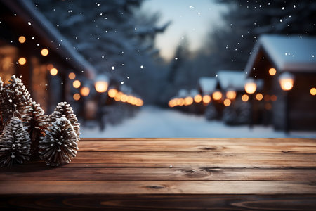 Wooden table in front of Christmas background with bokeh lightsの素材