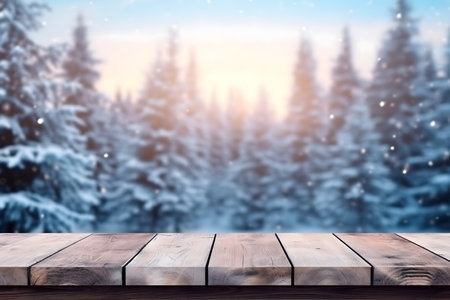 Wooden table top on snowy winter forest background. Christmas and New Year conceptの素材
