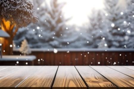 Wooden table in front of snowy winter landscape. 3d renderingの素材