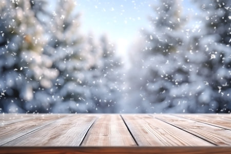 Wooden table against snowy landscape with fir trees. 3d renderingの素材