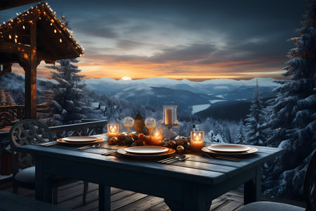 Table setting for Christmas dinner in mountains at sunset. 3D renderingの素材