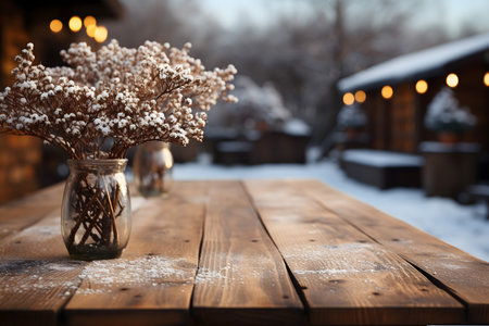 Vase with dry flowers on wooden table outdoors. Winter landscape.の素材