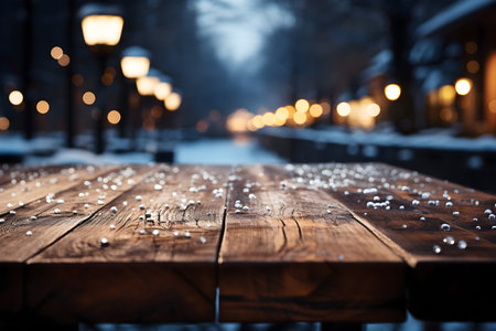 Wooden table with snowflakes on the street at night.の素材