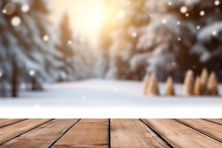 Wooden deck table on winter forest background with snowflakes.の素材