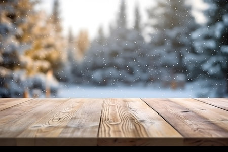Empty wooden table for product display montages. Winter and Christmas background.の素材