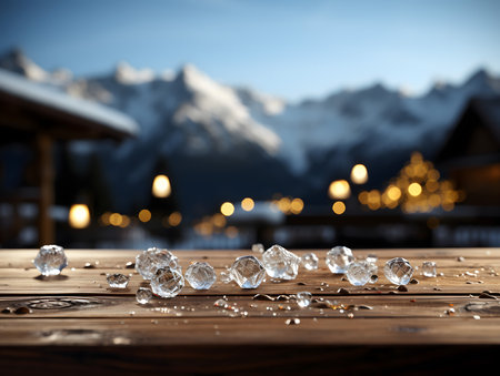 Wooden table with ice cubes on the background of the mountains.の素材