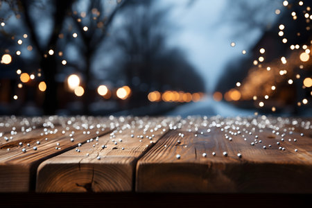 Wooden table in front of blurred background with bokeh lightsの素材