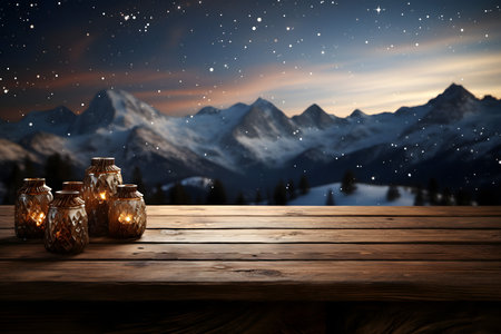Wooden table with christmas lanterns against snowy mountains at sunsetの素材