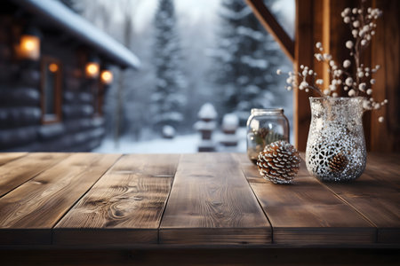 Wooden table in front of winter landscape. Wooden rustic background.の素材
