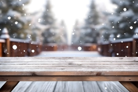 Wooden deck table against snowy landscape with fir trees in the backgroundの素材