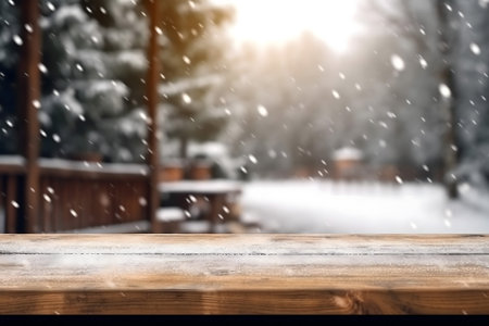 Wooden table in front of snowy landscape. Ready for product display montageの素材