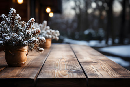 Wooden table with Christmas decorations in a rustic style. Winter background.の素材