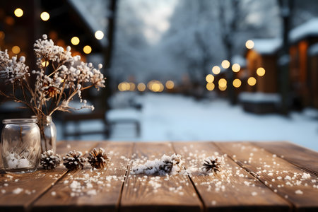 Wooden table with snowflakes and vase on blurred backgroundの素材