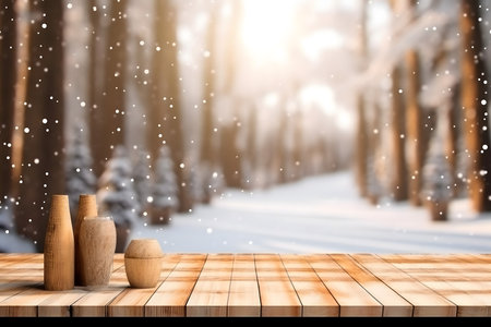 Wooden table top on winter forest background. Mock up, 3D Renderingの素材