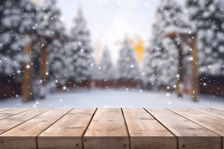 Wooden table against snow falling over fir trees in a snowy forestの素材