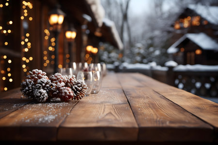 Two glasses of champagne on a wooden table in a cozy winter forest.の素材