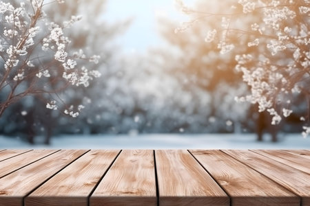 Wooden table on blurred background of blooming tree in park.の素材