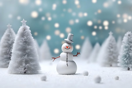Snowman with Christmas tree and bokeh background. 3d illustration.の素材