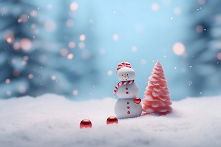 Snowman and Christmas tree on the snow with bokeh backgroundの素材