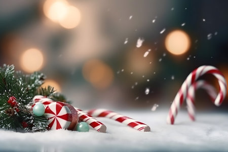 Christmas candy canes and fir branch on snow with bokeh backgroundの素材
