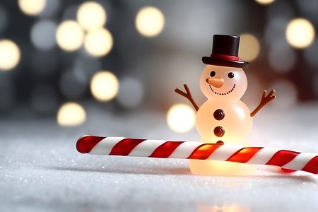 Christmas snowman with candy cane and lights on bokeh backgroundの素材