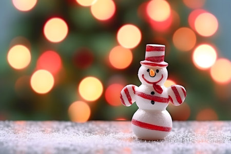 Snowman with red hat and scarf on bokeh background.の素材