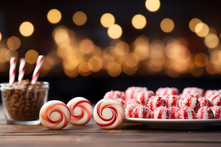 Candy canes on wooden table with bokeh lights backgroundの素材