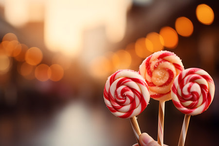 Colorful lollipops on a stick in hand on blurred backgroundの素材