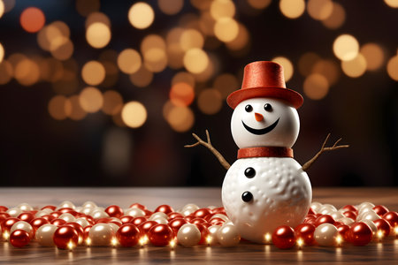 Snowman with red hat and beads on bokeh lights backgroundの素材