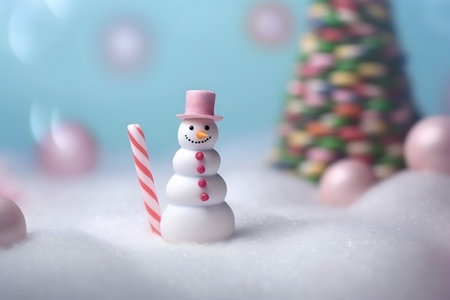 Snowman and Christmas tree on snow with colorful bokeh backgroundの素材