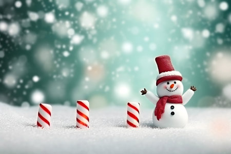 Snowman with candy canes on snow. Christmas and New Year backgroundの素材