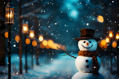 Snowman in hat and scarf on street at night. Christmas backgroundの素材
