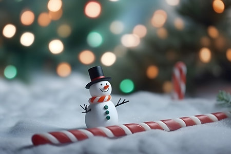 Snowman with candy cane in front of christmas tree and lightsの素材