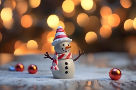 Snowman with Christmas decoration on bokeh background, Merry Christmas and Happy New Yearの素材
