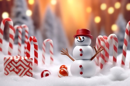 Snowman and candy canes on snow with bokeh backgroundの素材