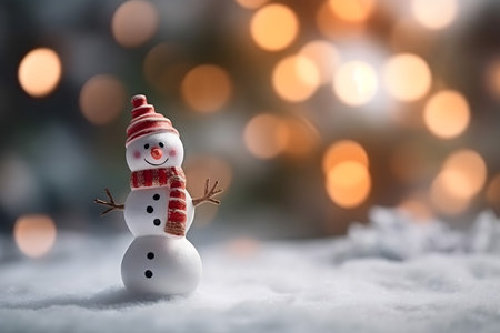 Snowman on snow with bokeh background, Christmas and New Year conceptの素材