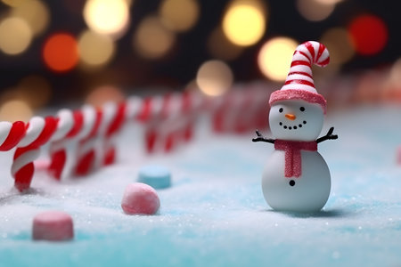 Snowman and candy canes in snow on bokeh backgroundの素材
