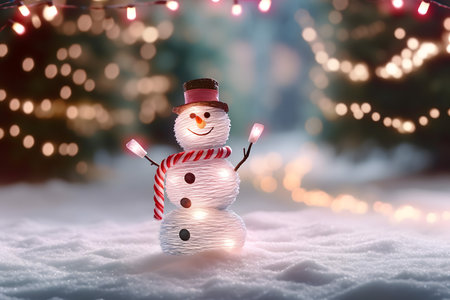 Snowman on snow with christmas lights bokeh background.の素材