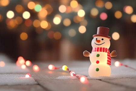 Christmas snowman on wooden background with bokeh lights in the backgroundの素材