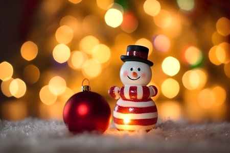 Snowman and red Christmas ball on bokeh background with copy spaceの素材