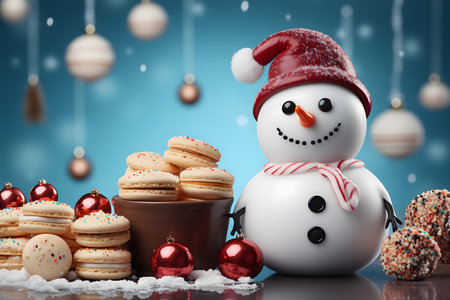Snowman with cookies and christmas decoration. 3d illustration.の素材