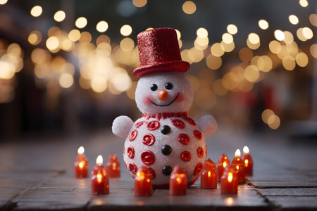 Christmas snowman with candles on wooden table in front of bokeh lightsの素材