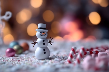 Christmas and New Year background with snowman and candies on bokeh backgroundの素材