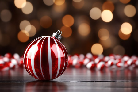 Red and white Christmas ball on bokeh background with copy spaceの素材
