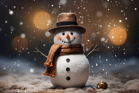 Snowman with hat and scarf on snowfall background. Christmas concept.の素材